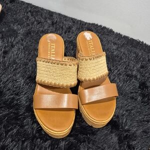 Italian Shoemakers Tan Woven Platform Slide Sandals